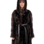 Cappotto cappuccio bottone collo 94cm mogano 52 visone orizzontale manica lunga tasca esterna