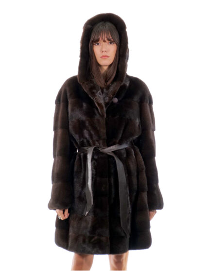 Cappotto cappuccio bottone collo 94cm mogano 56 visone orizzontale manica lunga tasca esterna