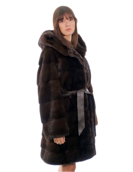 Cappotto cappuccio bottone collo 94cm mogano 52 visone orizzontale manica lunga tasca esterna