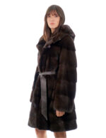 Cappotto cappuccio bottone collo 94cm mogano 56 visone orizzontale manica lunga tasca esterna