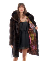 Cappotto cappuccio bottone collo 94cm mogano 56 visone orizzontale manica lunga tasca esterna