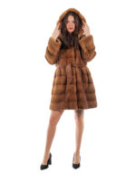 Cappotto cappuccio bottone collo 94cm oro gold 50 visone orizzontale manica lunga tasca esterna