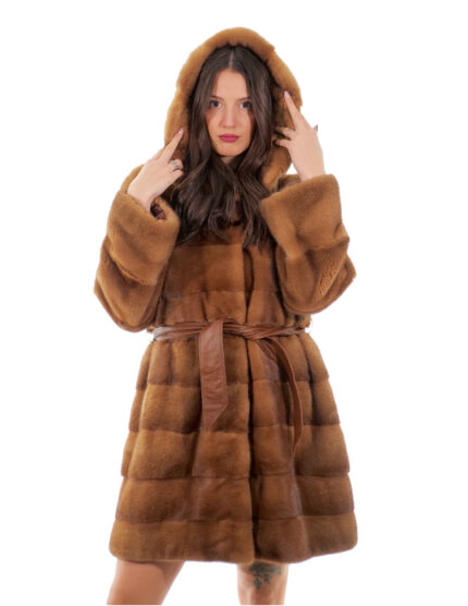 Cappotto cappuccio bottone collo 94cm oro gold 50 visone orizzontale manica lunga tasca esterna