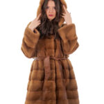 Cappotto cappuccio bottone collo 94cm oro gold 54 visone orizzontale manica lunga tasca esterna
