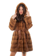 Cappotto cappuccio bottone collo 94cm oro gold 54 visone orizzontale manica lunga tasca esterna