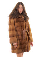 Cappotto cappuccio bottone collo 94cm oro gold 54 visone orizzontale manica lunga tasca esterna