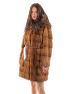 Cappotto cappuccio bottone collo 94cm oro gold 54 visone orizzontale manica lunga tasca esterna