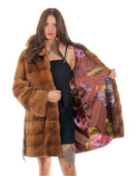Cappotto cappuccio bottone collo 94cm oro gold 54 visone orizzontale manica lunga tasca esterna