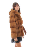 Giacca visone orizzontale 70cm cappuccio 46 gold bottone collo manica lunga cintura pelle