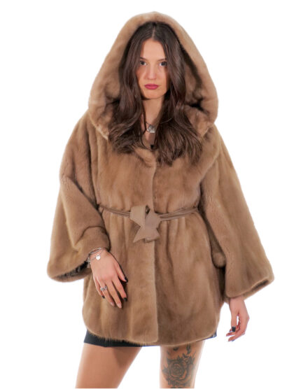 Mantella visone 48-56 poncho pastello pelle intera manica corta cintura interna pelle bottone collo
