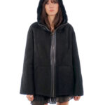 Sheepskin coat 50 black drawstring bottom and cuffs fur inside leather out hood zip