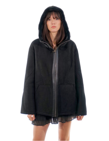 Cappotto montone 50 nero coulisse fondo e polsi pelliccia interna pelle fuori cappuccio zip