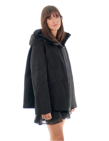 Cappotto montone 50 nero coulisse fondo e polsi pelliccia interna pelle fuori cappuccio zip
