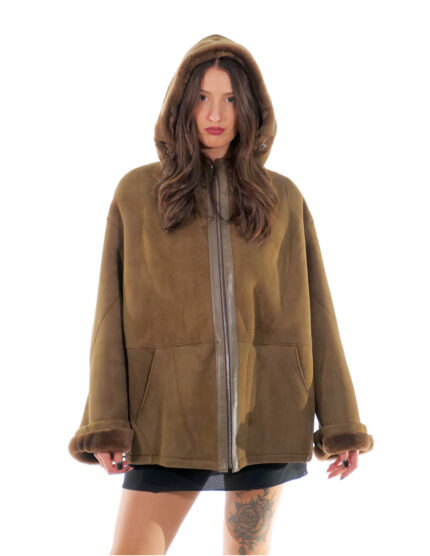 Cappotto montone 52 marrone oliva coulisse fondo e polsi pelliccia interna pelle fuori cappuccio zip