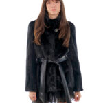 Giacca visone orizzontale 68cm nero 42 sottocosto pistagna nero bottone collo manica lunga cintura pelle