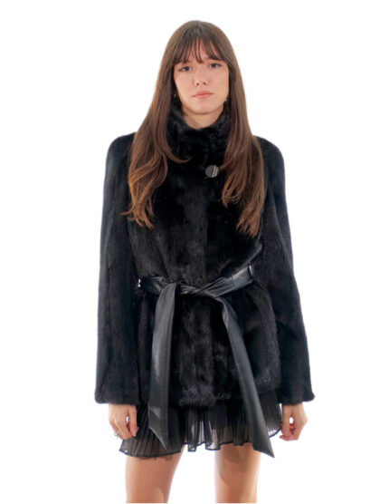 Giacca visone orizzontale 68cm nero 42 sottocosto pistagna nero bottone collo manica lunga cintura pelle