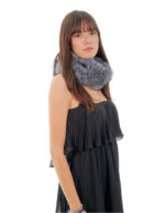 Accessorio fascia in eco pelliccia di volpe zaffiro grigio paraorecchie e scaldacollo con elastico alta 14cm