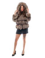 Giacca volpe lunga 66 cm 44 pelliccia color argentata grigio second life con cappuccio chiusura ganci