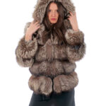 Giacca volpe lunga 66 cm 44 pelliccia color argentata grigio second life con cappuccio chiusura ganci