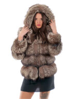 Giacca volpe lunga 66 cm 44 pelliccia color argentata grigio second life con cappuccio chiusura ganci