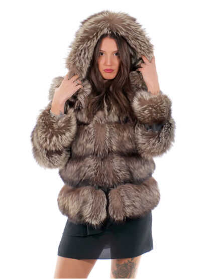 Giacca volpe lunga 66 cm 44 pelliccia color argentata grigio second life con cappuccio chiusura ganci