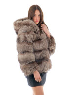Giacca volpe lunga 66 cm 44 pelliccia color argentata grigio second life con cappuccio chiusura ganci