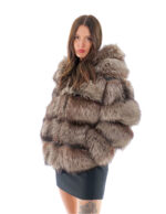 Giacca volpe lunga 66 cm 44 pelliccia color argentata grigio second life con cappuccio chiusura ganci
