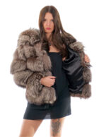 Giacca volpe lunga 66 cm 44 pelliccia color argentata grigio second life con cappuccio chiusura ganci