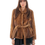 Giacca pelle intera trasporto visone 44 demi chiaro second life con cintura collo pistagna manica lunga