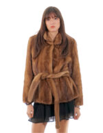 Giacca pelle intera trasporto visone 44 demi chiaro second life con cintura collo pistagna manica lunga