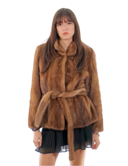 Giacca pelle intera trasporto visone 44 demi chiaro second life con cintura collo pistagna manica lunga