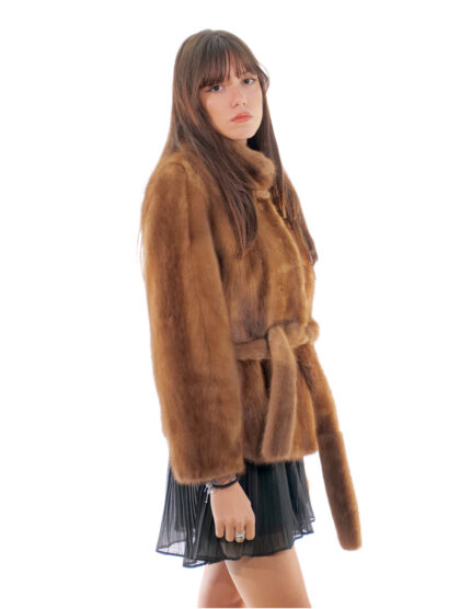 Giacca pelle intera trasporto visone 44 demi chiaro second life con cintura collo pistagna manica lunga