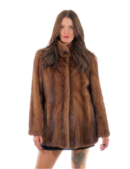 Pelle intera visone pelliccia 50 demi buff marrone manica lunga collo pistagna chiusura ganci