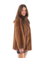 Pelle intera visone pelliccia 50 demi buff marrone manica lunga collo pistagna chiusura ganci