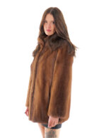 Pelle intera visone pelliccia 50 demi buff marrone manica lunga collo pistagna chiusura ganci
