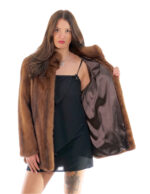 Pelle intera visone pelliccia 50 demi buff marrone manica lunga collo pistagna chiusura ganci