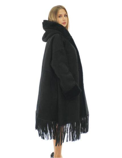 Cappotto con frange 82 centimetri 50 montone nero cappuccio pelliccia manica lunga tasche esterne