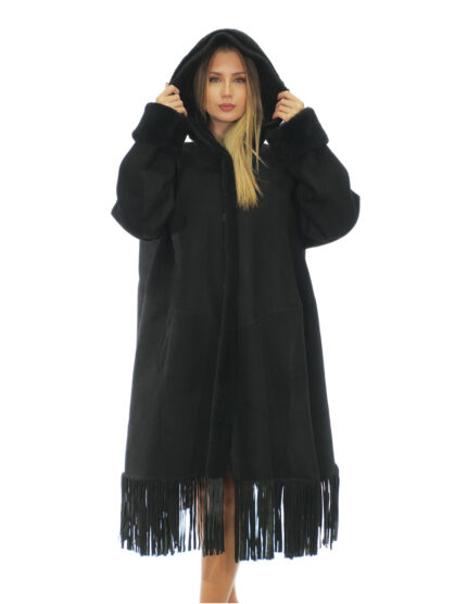 Cappotto con frange 82 centimetri 50 montone nero cappuccio pelliccia manica lunga tasche esterne