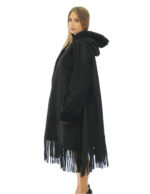 Fransenmantel 82cm 50 Schwarz Lammfell Kapuze Pelz Langarm Außentaschen – Bild 3