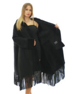 Fransenmantel 82cm 50 Schwarz Lammfell Kapuze Pelz Langarm Außentaschen – Bild 5