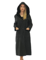 Cappotto montone nero 46 con riporti in pelle lucida nero lungo 116 centimetri cappuccio tasche boccale