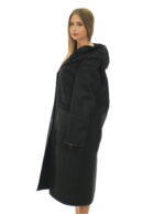 Cappotto montone nero 46 con riporti in pelle lucida nero lungo 116 centimetri cappuccio tasche boccale