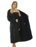 Cappotto montone nero 46 con riporti in pelle lucida nero lungo 116 centimetri cappuccio tasche boccale