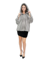 Cappotto pelliccia 46 zaffiro grigio visone trasversale con maniche 3/4 e cappuccio chiusura zip