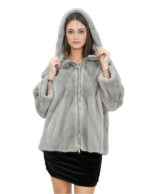 Cappotto pelliccia 46 zaffiro grigio visone trasversale con maniche 3/4 e cappuccio chiusura zip