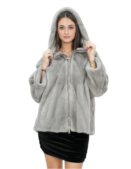 Cappotto pelliccia 46 zaffiro grigio visone trasversale con maniche 3/4 e cappuccio chiusura zip