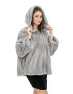 Cappotto pelliccia 46 zaffiro grigio visone trasversale con maniche 3/4 e cappuccio chiusura zip