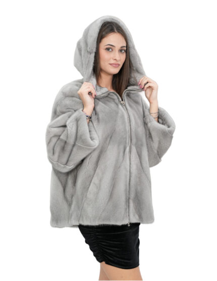 Cappotto pelliccia 46 zaffiro grigio visone trasversale con maniche 3/4 e cappuccio chiusura zip