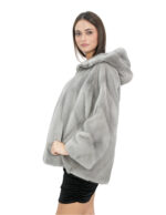 Cappotto pelliccia 46 zaffiro grigio visone trasversale con maniche 3/4 e cappuccio chiusura zip