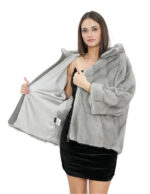 Cappotto pelliccia 46 zaffiro grigio visone trasversale con maniche 3/4 e cappuccio chiusura zip